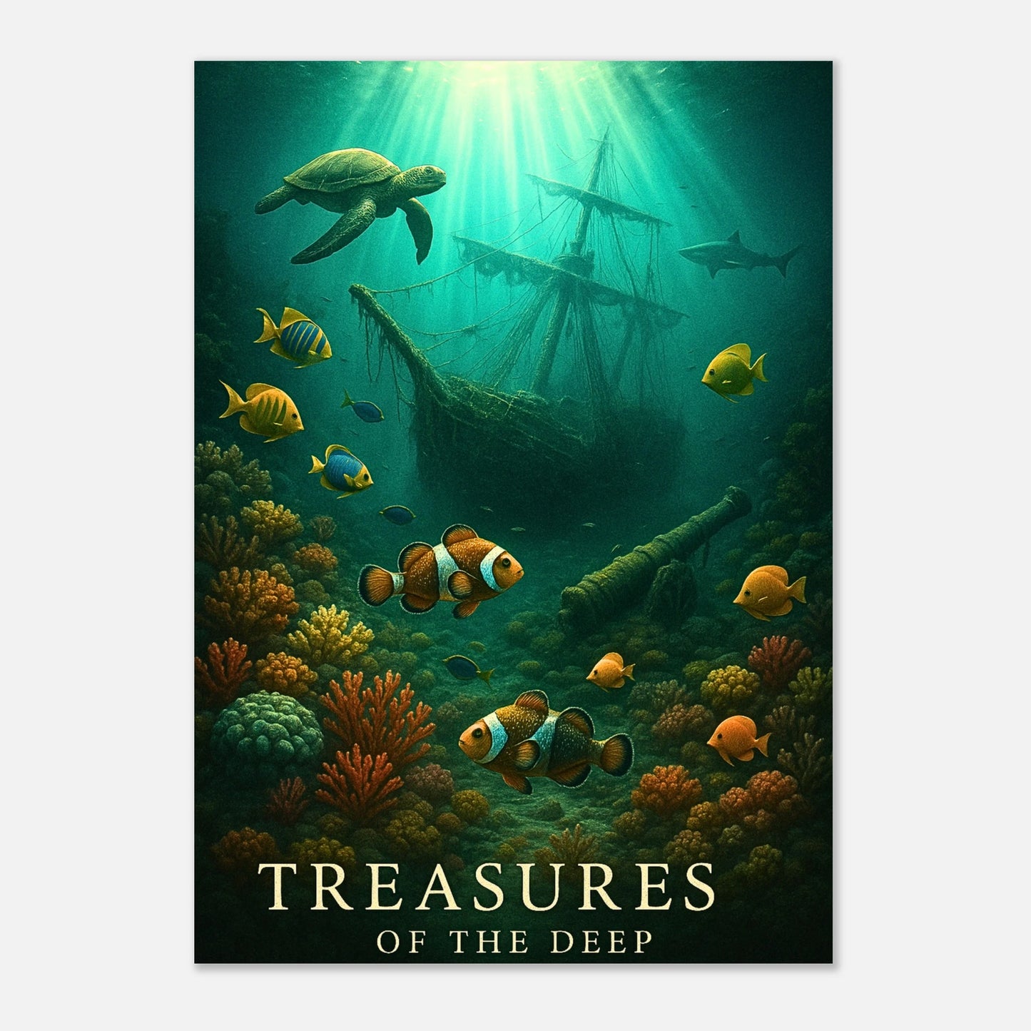 Sunken Secrets underwater treasure wall art poster – premium matte print with vibrant coral reef and marine life.
