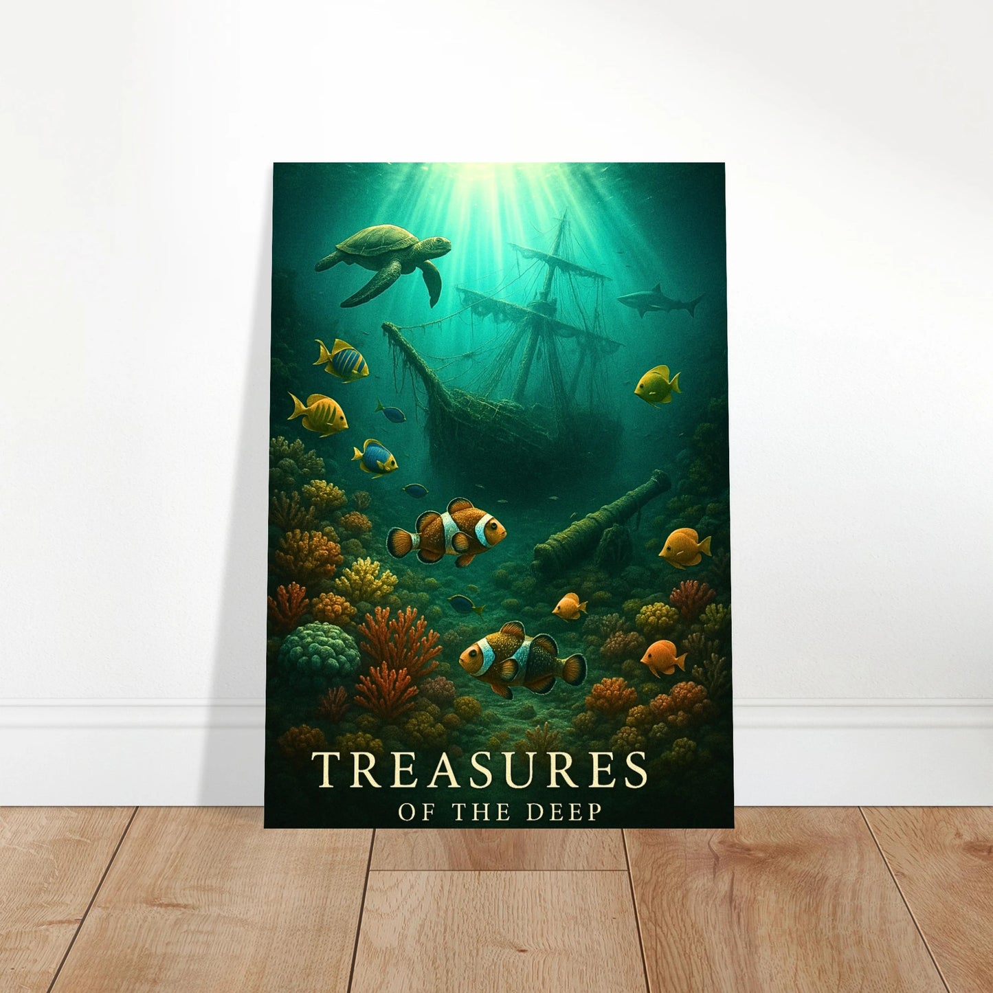 Sunken Secrets underwater wall art displayed in bright living room – marine-themed home decor print.