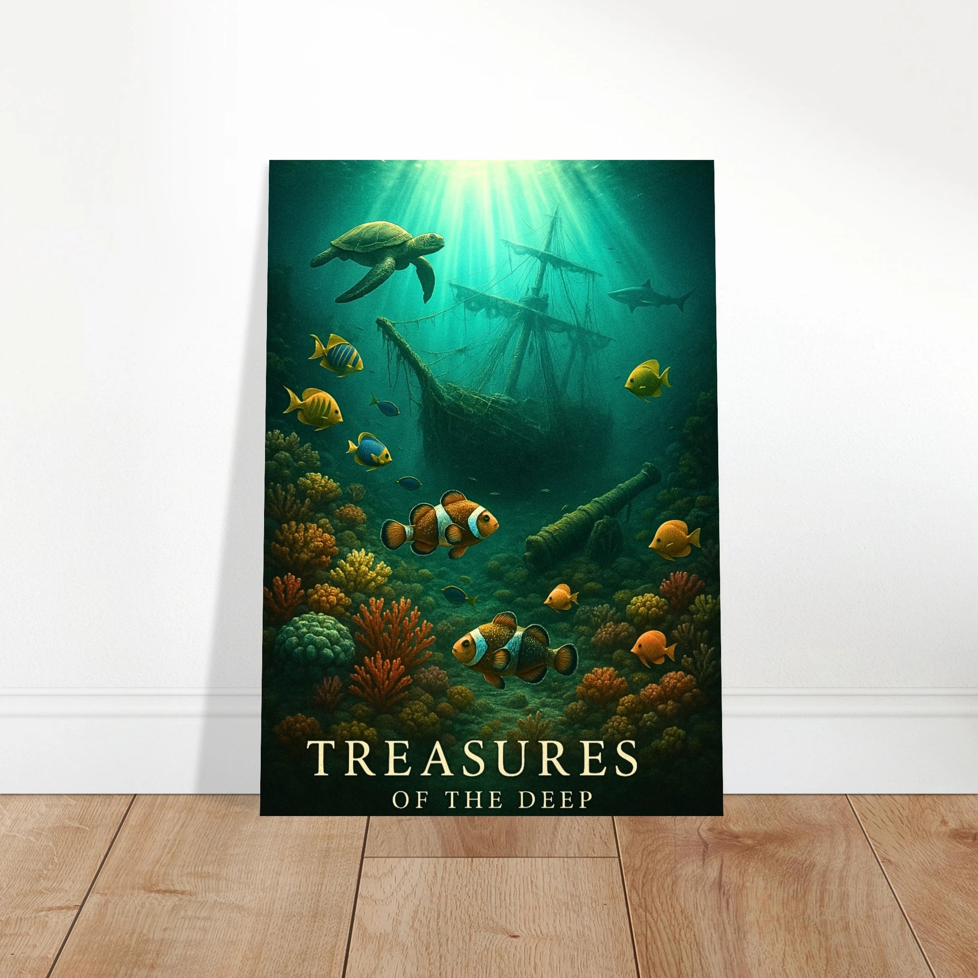 Sunken Secrets underwater wall art displayed in bright living room – marine-themed home decor print.