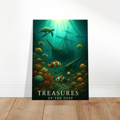 Sunken Secrets underwater wall art displayed in bright living room – marine-themed home decor print.