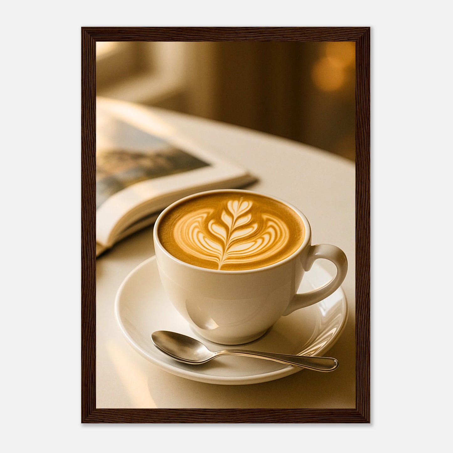 Sunlit Sips Wandbild im dunkelbraunen Rahmen – stilvolles Coffee Art Poster mit Cappuccino und goldener Lichtstimmung, perfekte Wanddekoration für Küche oder Café – von Defa Designs.