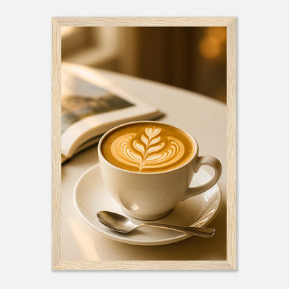 Sunlit Sips Poster im hellbraunen Rahmen – warmes Coffee Art Print mit Latte Art und Sonnenlicht, ästhetische Wanddekoration für gemütliche Räume – von Defa Designs.