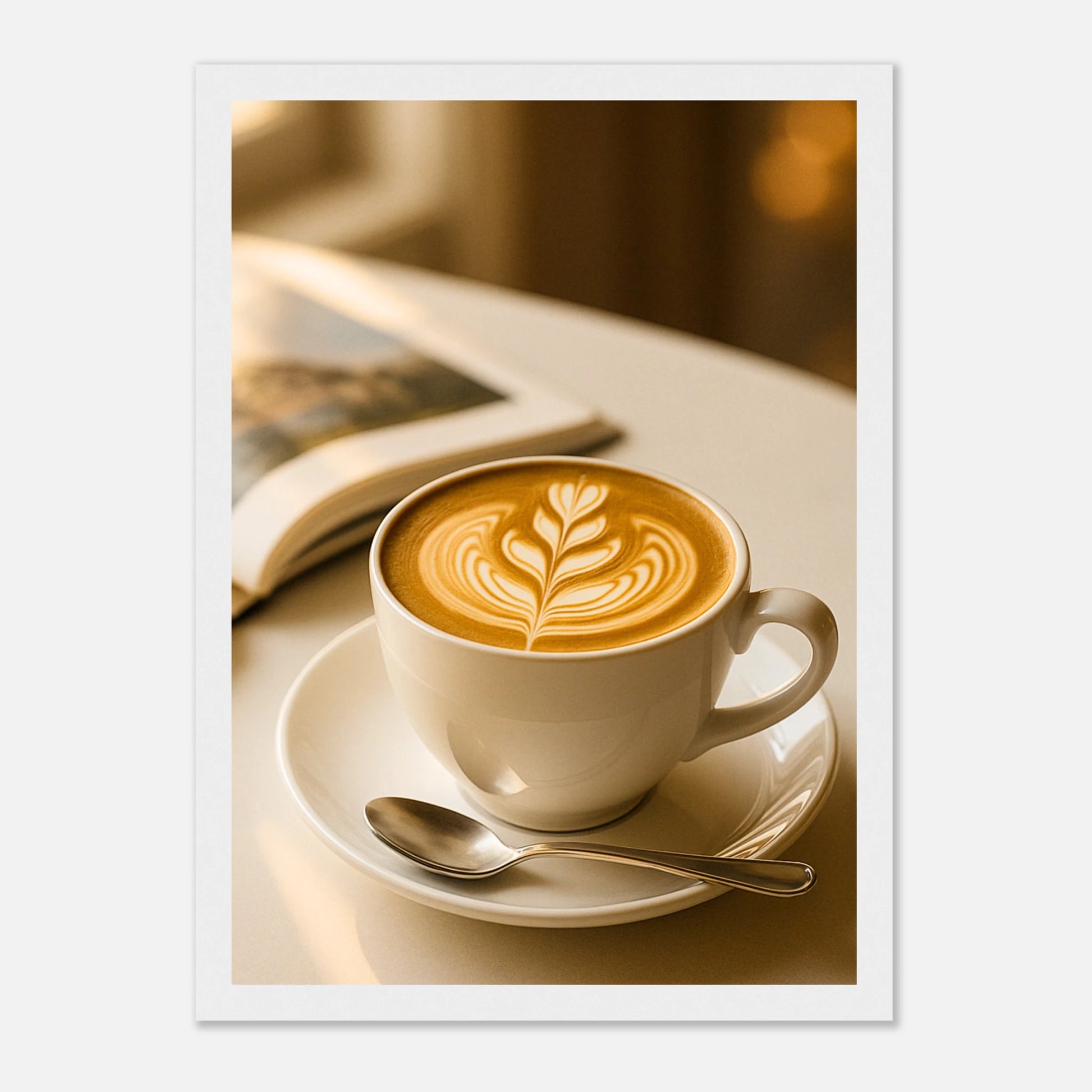 Sunlit Sips Coffee Poster im weißen Rahmen – minimalistisches Kaffee-Kunstwerk mit Cappuccino und Sonnenlicht auf Holztisch, warmes Cozy Kitchen Poster – von Defa Designs.