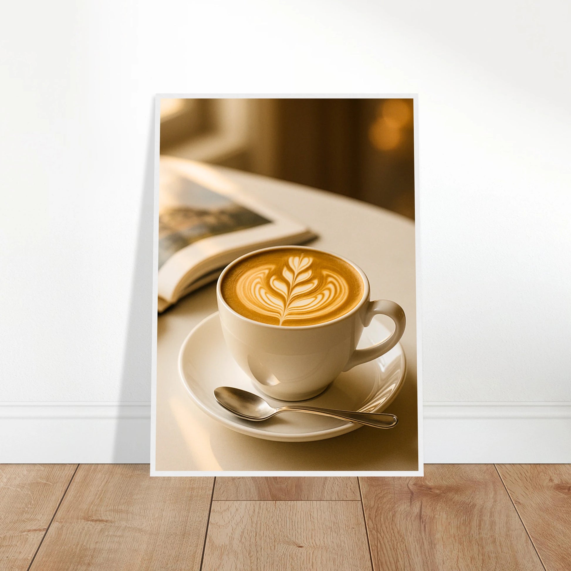 Sunlit Sips Poster an die Wand gelehnt – elegantes Kaffee-Kunstwerk mit Cappuccino-Tasse, helles Lichtspiel und ruhige Atmosphäre für Küche oder Café – von Defa Designs.