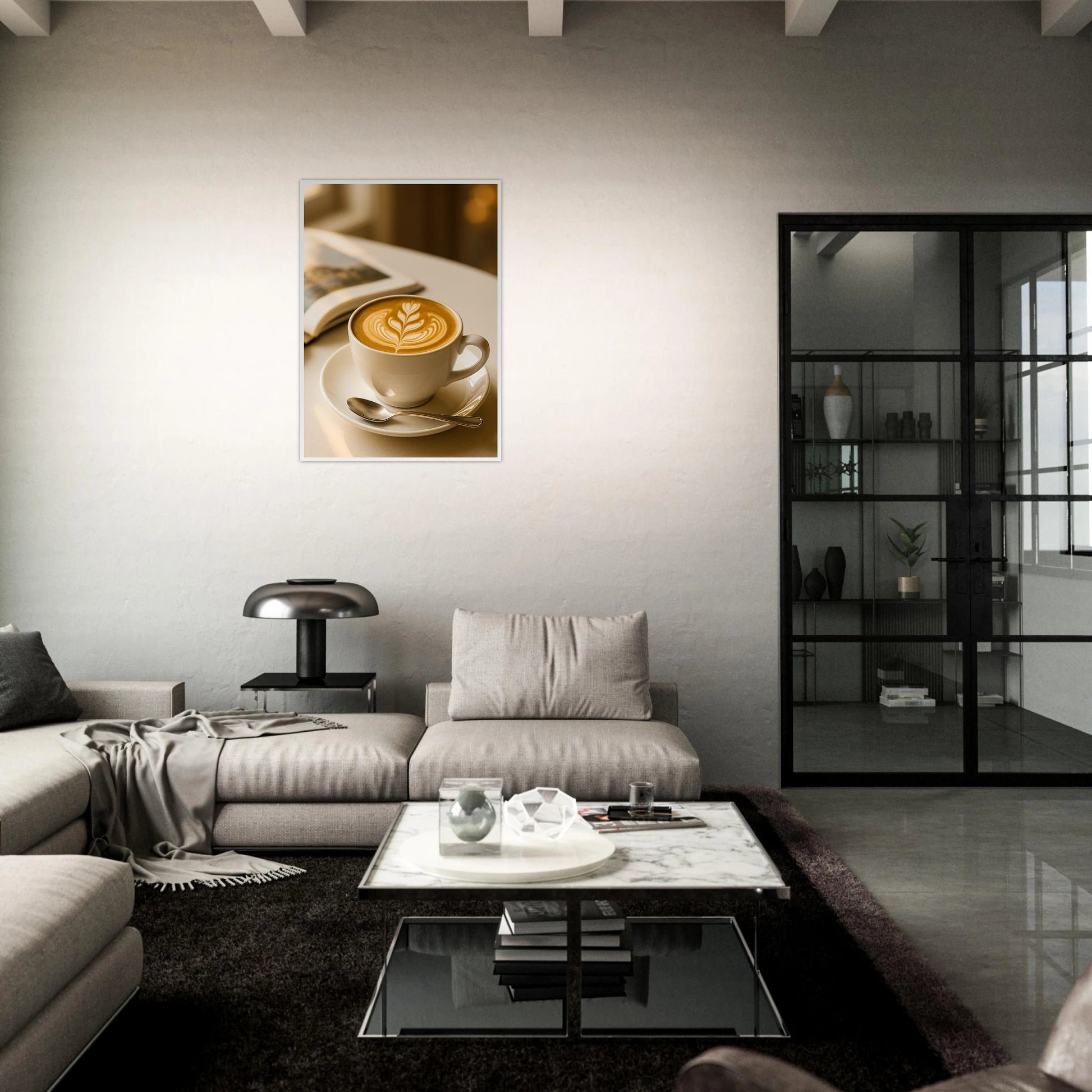 Sunlit Sips Coffee Poster im dunklen Wohnzimmer – stilvolles Wandbild mit Cappuccino und Sonnenlicht, elegantes Coffee Art Print für moderne Räume – von Defa Designs.