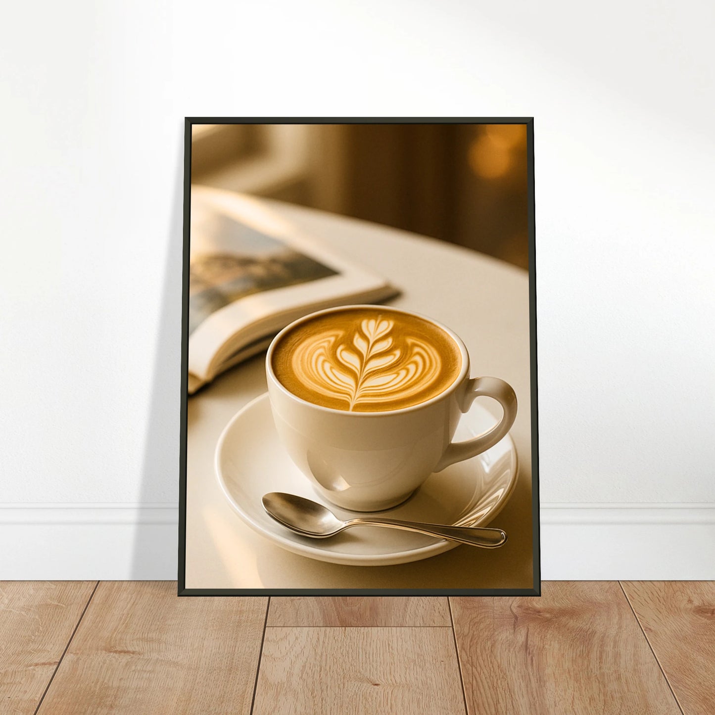 Sunlit Sips coffee wall art poster leaning against wall in black metal frame modern kitchen decor mockup