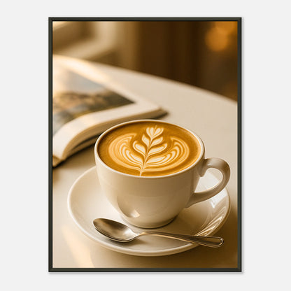Sunlit Sips cozy coffee wall art poster in black metal frame featuring latte art and warm morning light