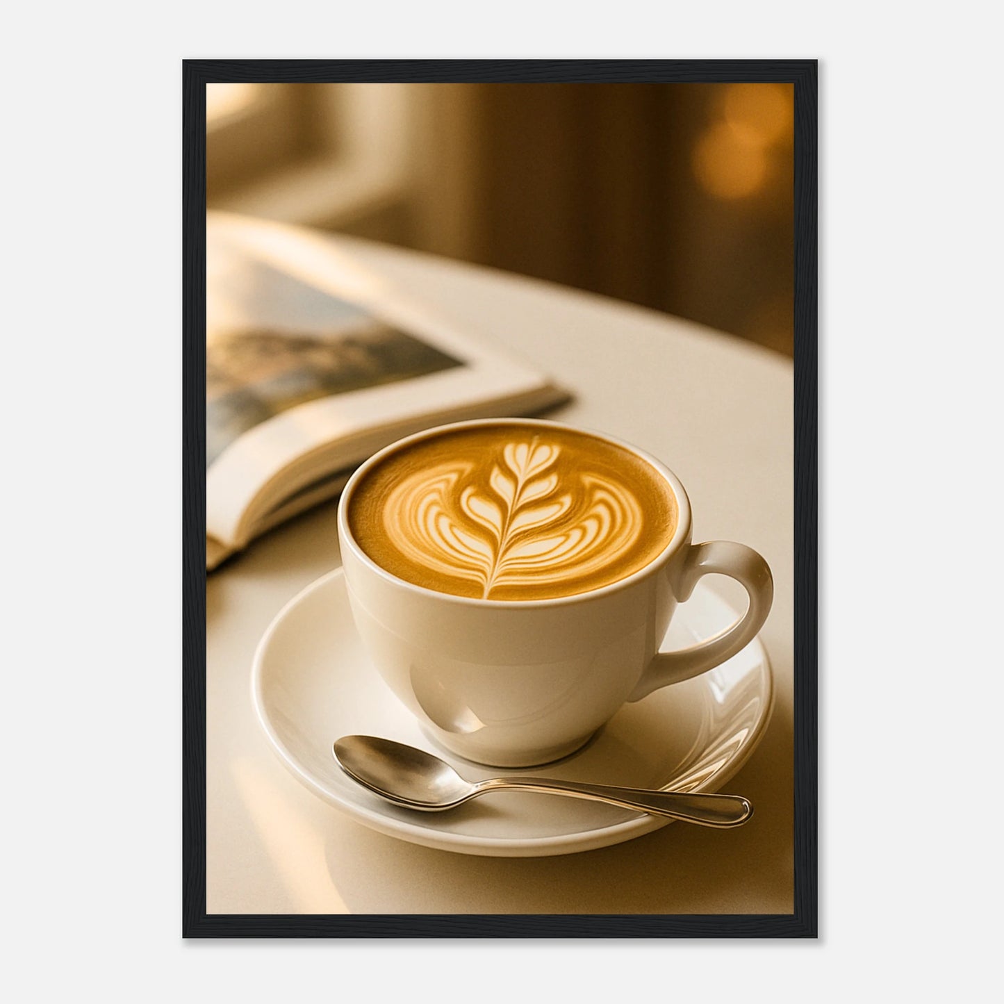 Sunlit Sips Coffee Poster im schwarzen Rahmen – modernes Kaffee-Design mit sanftem Lichteinfall, stilvolles Wandbild für Küchen, Cafés oder Wohnzimmer – von Defa Designs.