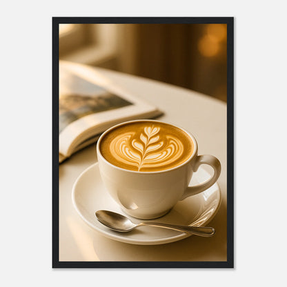 Sunlit Sips Coffee Poster im schwarzen Rahmen – modernes Kaffee-Design mit sanftem Lichteinfall, stilvolles Wandbild für Küchen, Cafés oder Wohnzimmer – von Defa Designs.