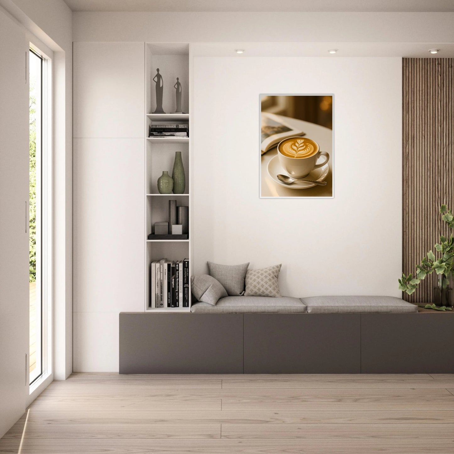Sunlit Sips Wandposter im hellen Wohnzimmer – minimalistisches Coffee Art Print mit Cappuccino, moderne Einrichtung mit warmem Lichtakzent – von Defa Designs.