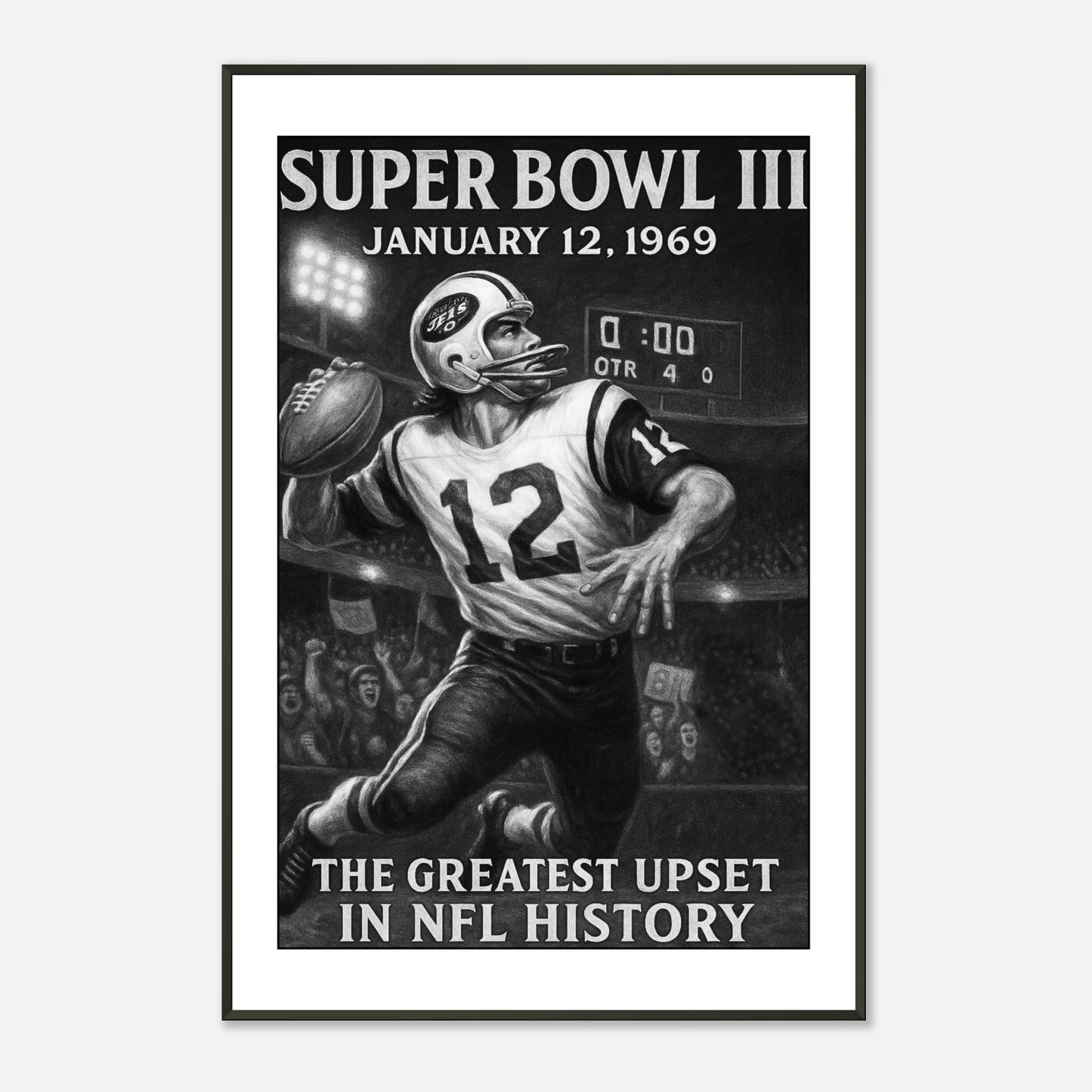 Vintage American Football Poster Super Bowl III | Ikonisches Sportsdesign im schwarzen Metallrahmen | DEFA Designs