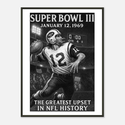 Super Bowl III Poster im schwarzen Metallrahmen | Vintage Football Artwork „The Greatest Upset in NFL History“ | DEFA Designs