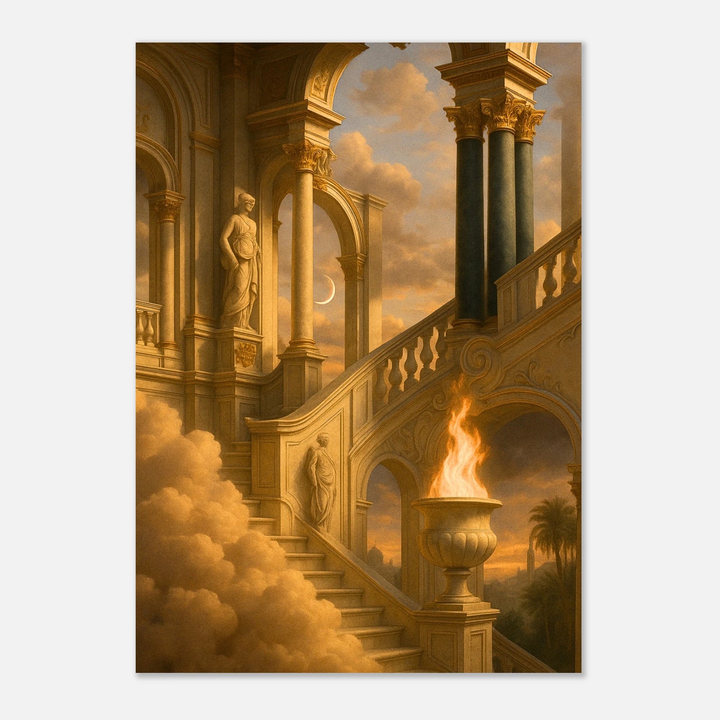 Surreal classical architecture poster – Golden Stairway artwork with arches and burning fire bowl