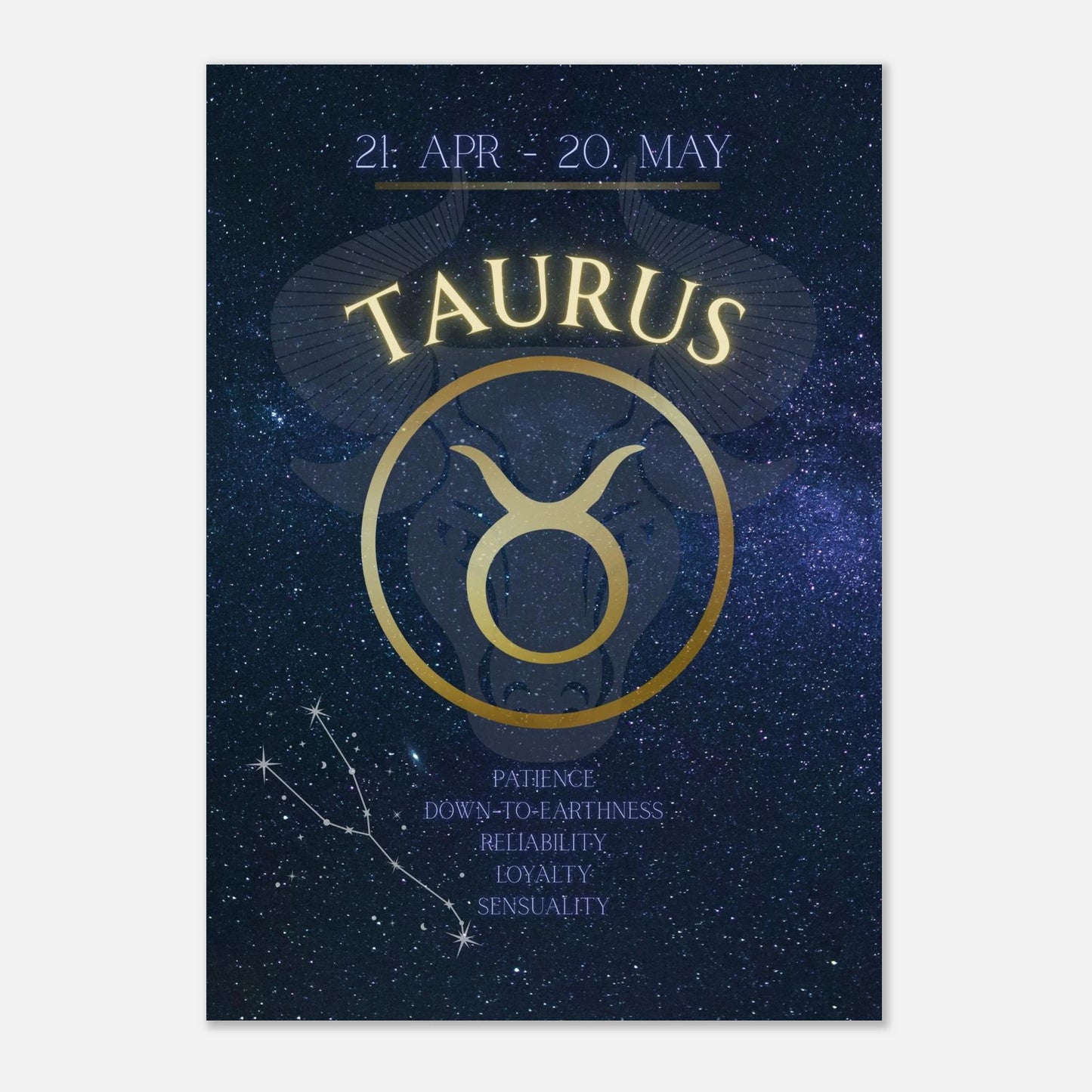 Astrologisches Taurus Sternzeichen-Poster – Wandbild mit Sternbild-Konstellation und luxuriösem Design in Blau-Gold