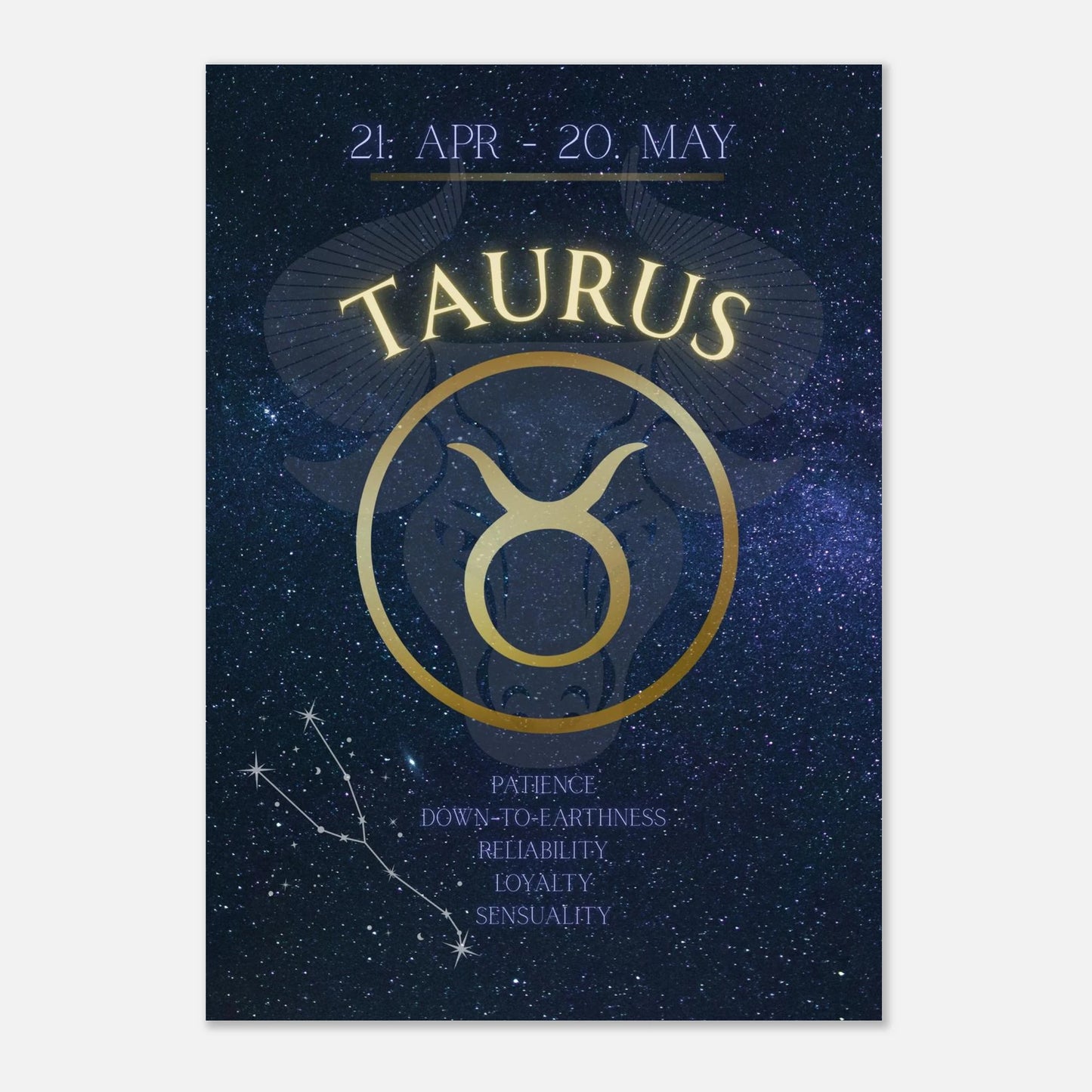 Modernes Taurus Sternzeichen Poster – astrologische Wanddeko mit Stier-Symbol und Sternbild für Erdzeichen-Geborene