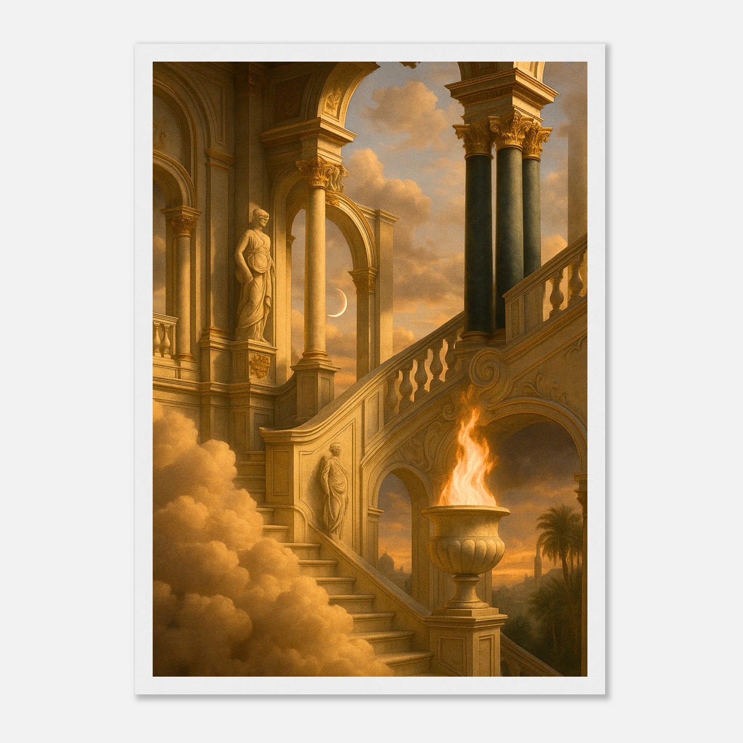 Temple of the Eternal Flame Poster im weißen Rahmen – goldenes Fantasy-Kunstwerk mit mystischer Architektur, Licht und Wolken. Stilvolles Wandbild mit spiritueller Ausstrahlung – von Defa Designs.