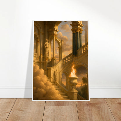 Temple of the Eternal Flame Kunstposter an die Wand gelehnt – beeindruckendes Fantasy-Art-Motiv mit goldener Atmosphäre und klassischer Architektur. Perfektes Kunstwerk für modernes Interieur – von Defa Designs.