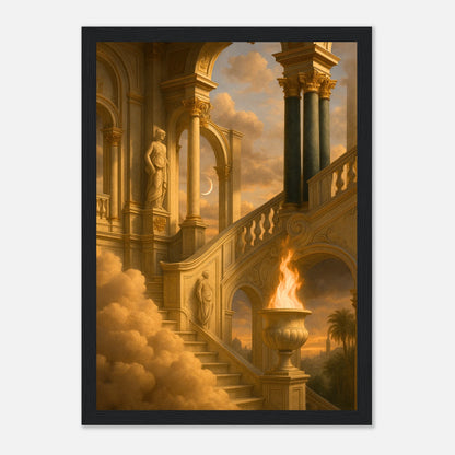 Temple of the Eternal Flame Fantasy Poster im schwarzen Rahmen – majestätisches Architekturmotiv mit goldenen Himmelsfarben und mystischem Tempel. Perfektes Kunstwerk für elegante Wohnräume – von Defa Designs.