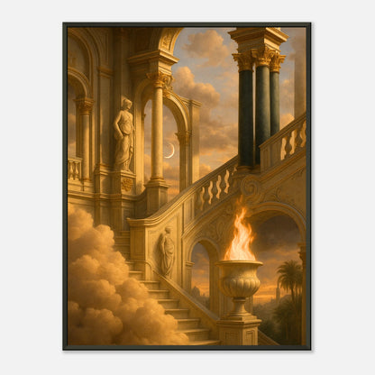 Temple of the Eternal Flame fantasy wall art in black metal frame, glowing golden temple architecture poster with clouds and fire, mystical luxury interior artwork
