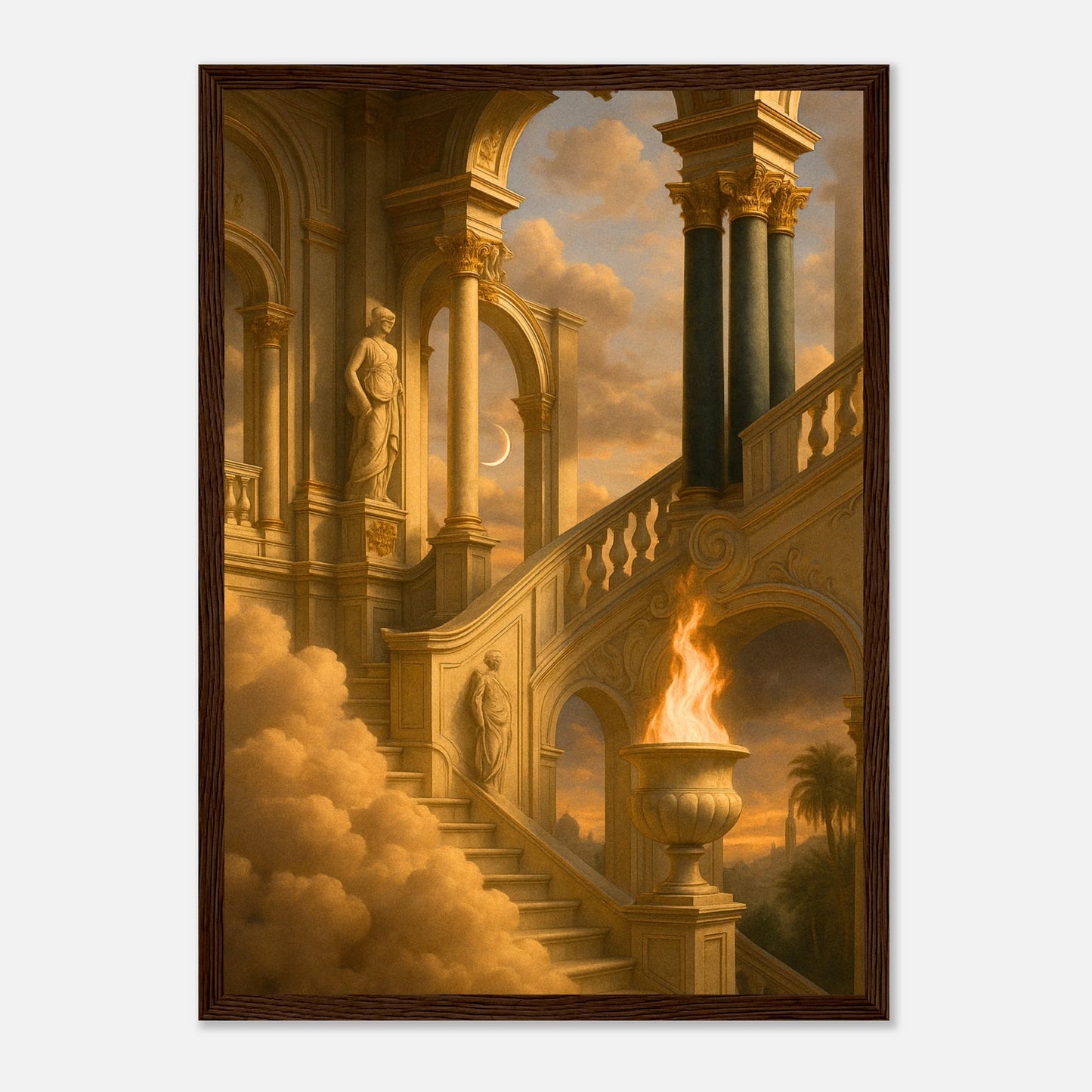 Temple of the Eternal Flame Poster im dunkelbraunen Holzrahmen – mystisches Kunstmotiv mit Tempel, Wolken und goldener Beleuchtung. Ein kunstvolles Statement für elegante Räume – von Defa Designs.
