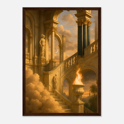 Temple of the Eternal Flame Poster im dunkelbraunen Holzrahmen – mystisches Kunstmotiv mit Tempel, Wolken und goldener Beleuchtung. Ein kunstvolles Statement für elegante Räume – von Defa Designs.