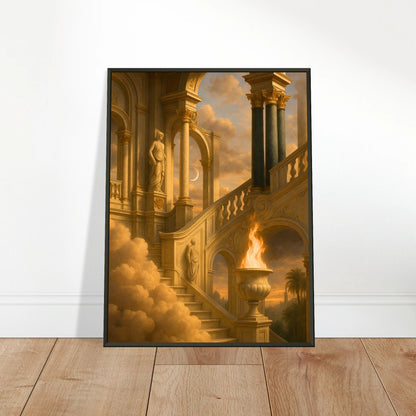 Temple of the Eternal Flame framed poster standing on floor, black metal frame fantasy artwork for stylish home decor