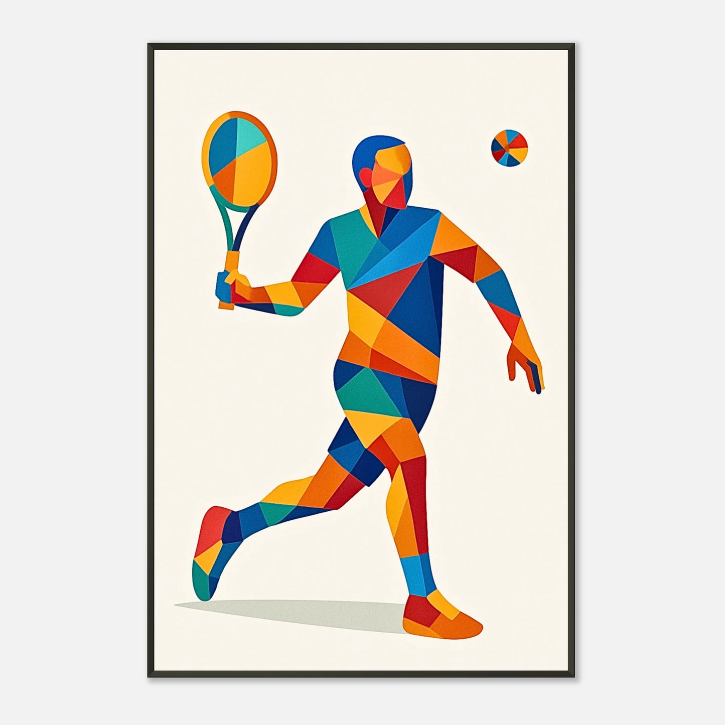 Abstraktes Tennis Kunstposter „Geometric Serve“ | Spieler in geometrischem Stil mit Schläger und Ball | Schwarzer Metallrahmen | DEFA Designs