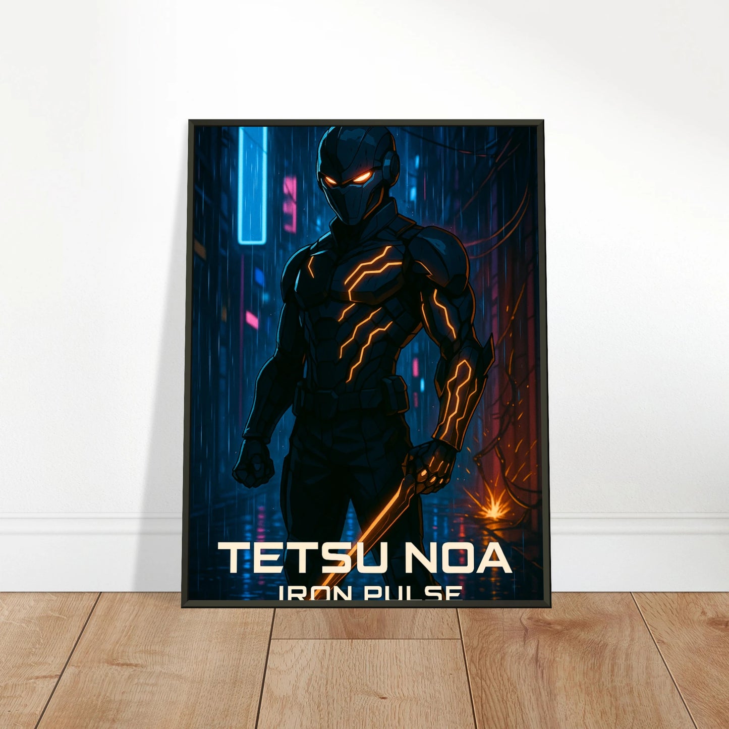 „TETSU NOA – Iron Pulse“ an die Wand gelehnt – intensives Cyberpunk-Kunstwerk in dunklem Stil | DEFA Designs