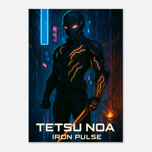 Anime Poster Tetsu Noa – Iron Pulse. Futuristischer Cyber-Krieger mit Energieadern, hochwertiger Kunstdruck für Anime Fans weltweit