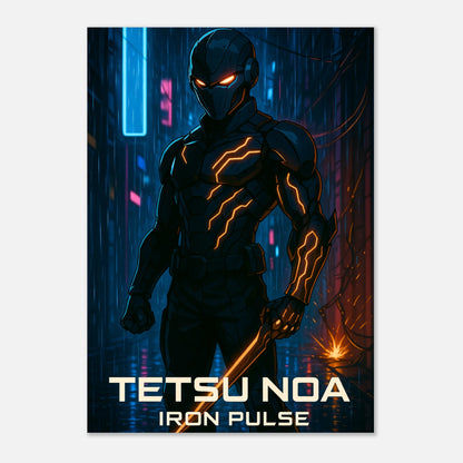 Detailansicht Anime Poster Tetsu Noa – Iron Pulse. Dunkler Krieger im Cyberpunk-Stil mit leuchtender Energie