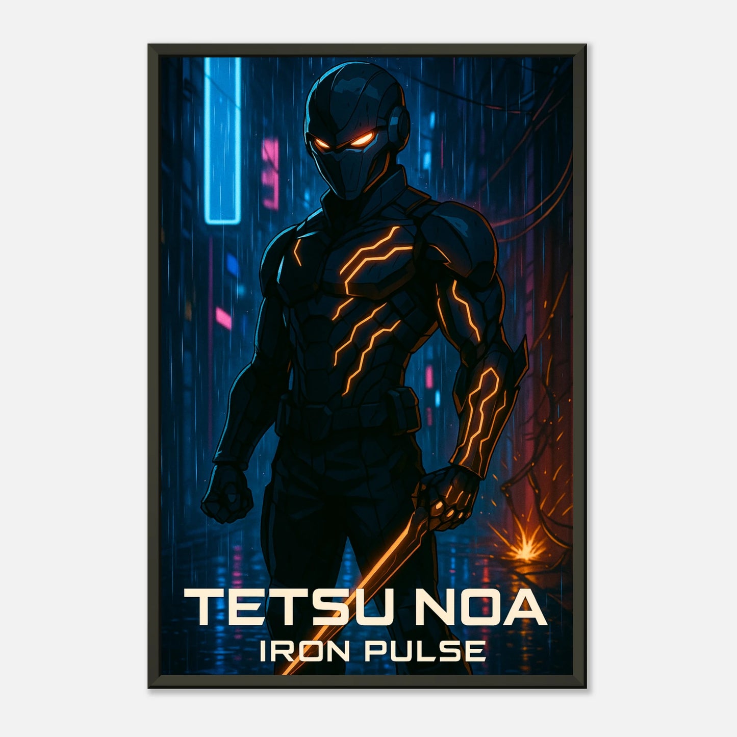 „TETSU NOA“ Cyberpunk-Anime-Poster – dunkle, elektrische Energie in urbaner Nachtkulisse | DEFA Designs