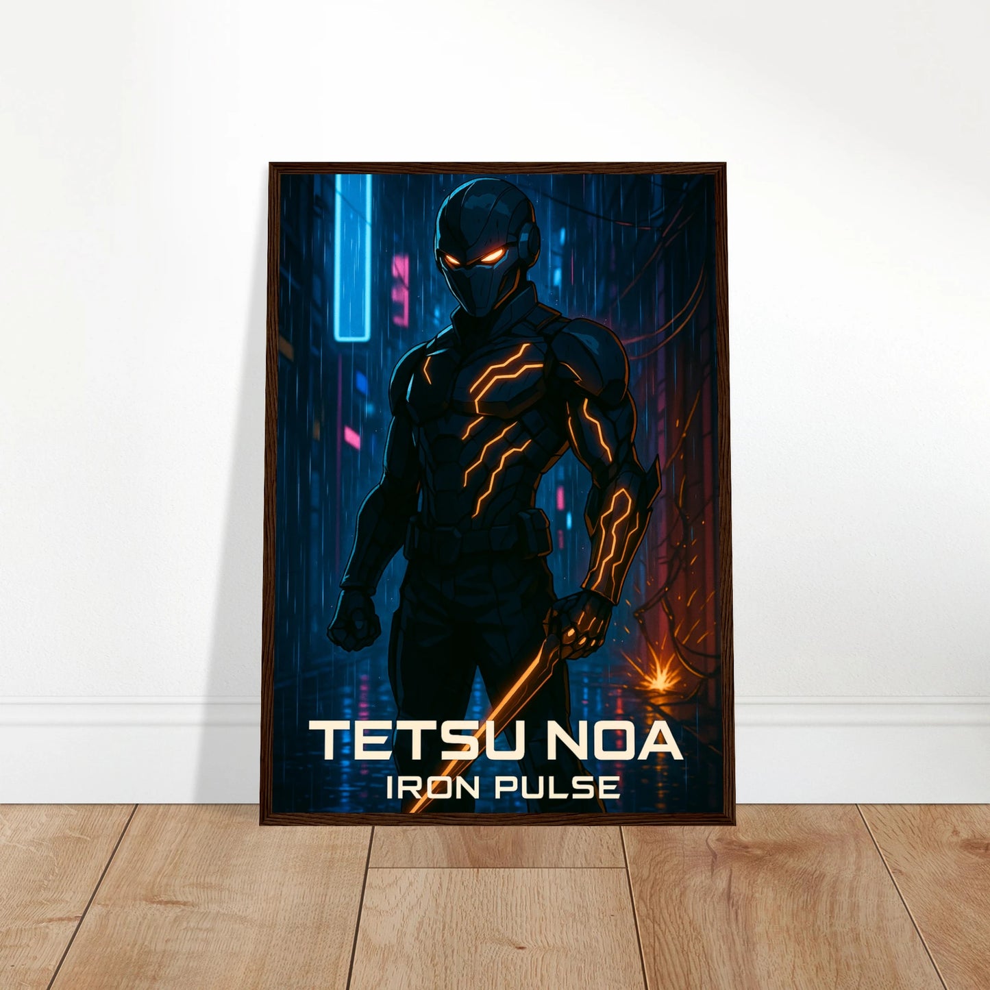 TETSU NOA Poster an die Wand gelehnt – mächtiger Anime-Cyborg mit blauer Energie, moderne Sci-Fi-Dekoration für Technik-Liebhaber.