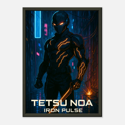 Anime-Poster „TETSU NOA – Iron Pulse“ – glühende Rüstungsdetails & futurische Lichtreflexe | DEFA Designs