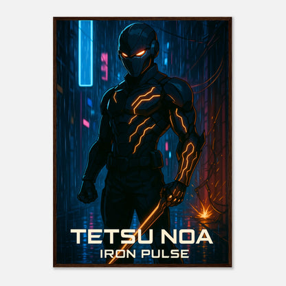 TETSU NOA Poster im dunkelbraunen Rahmen – futuristischer Cyberpunk-Krieger mit elektrischer Energie, stilvolles Anime-Wandbild von Defa Designs.