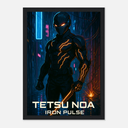 TETSU NOA Poster im schwarzen Rahmen – stahlgeformter Cyber-Krieger in einer elektrischen Neonstadt, detailreiches Anime-Kunstwerk.