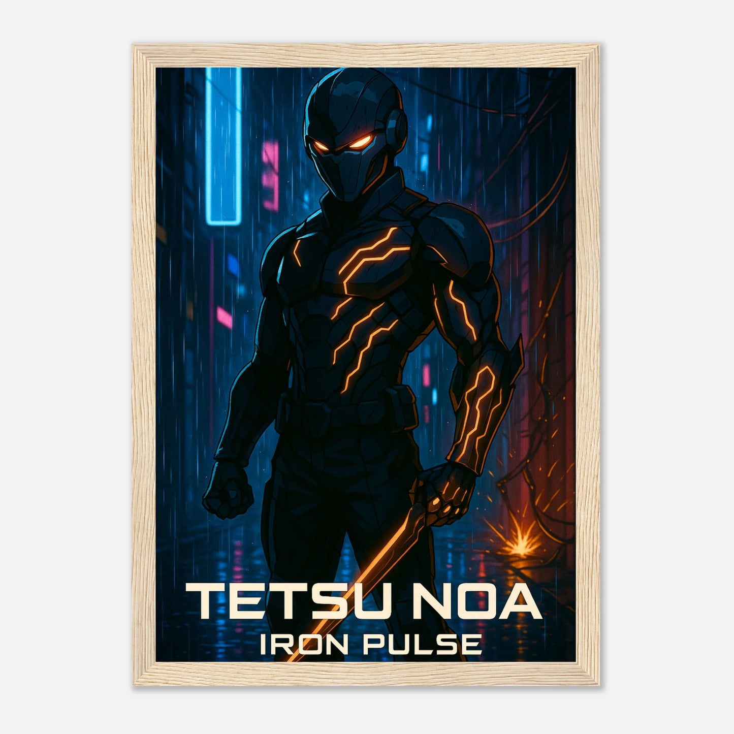 TETSU NOA Anime Poster im hellbraunen Holzrahmen – blitzschneller Cyborg mit blauen Neonlichtern, japanische Sci-Fi-Kunst in Premiumqualität.