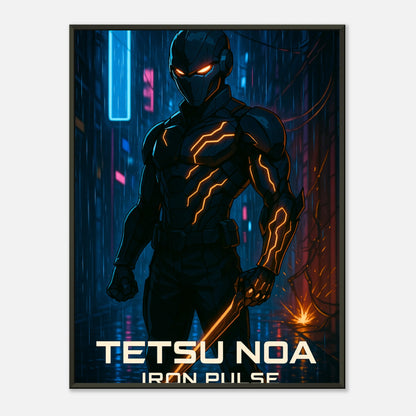 „TETSU NOA – Iron Pulse“ Poster – futuristischer Cyberpunk-Krieger mit glühenden Stahladern | DEFA Designs