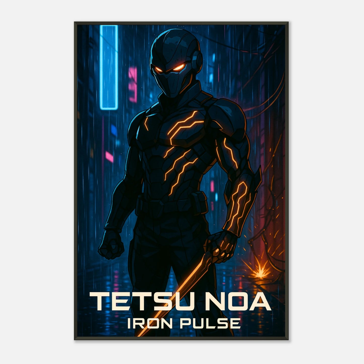 „TETSU NOA“ Poster im schwarzen Metallrahmen – stylisches Cyberpunk-Design mit Energieeffekten | DEFA Designs