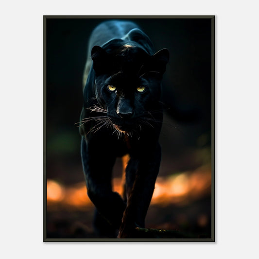 The Black Panther Poster – kraftvoller schwarzer Panther in dunkler Nacht mit intensiven Augen im eleganten schwarzen Metallrahmen. Tierkunst von Defa Designs.