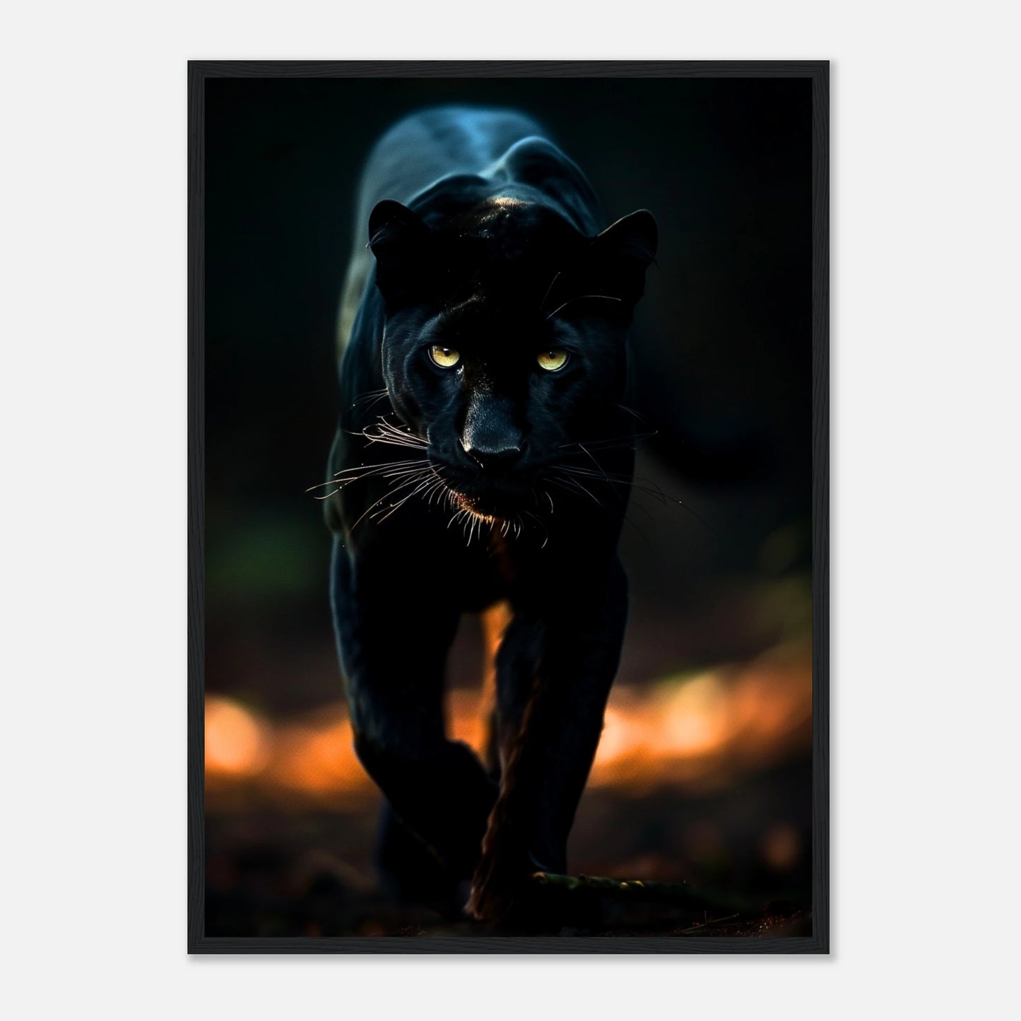 Schwarzer Panther Poster mit schwarzem Holzrahmen – eindrucksvolles Wandbild voller Eleganz und Wildnis.