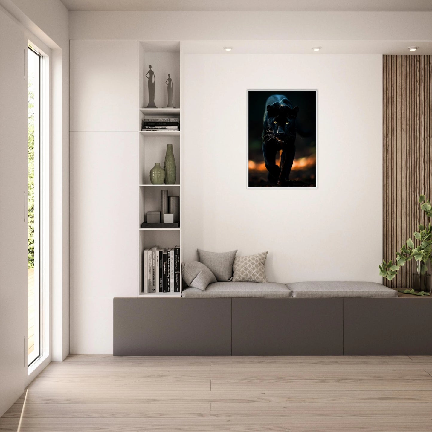 Schwarzer Panther Poster – stilvolles Wandbild im hell eingerichteten Wohnzimmer.
