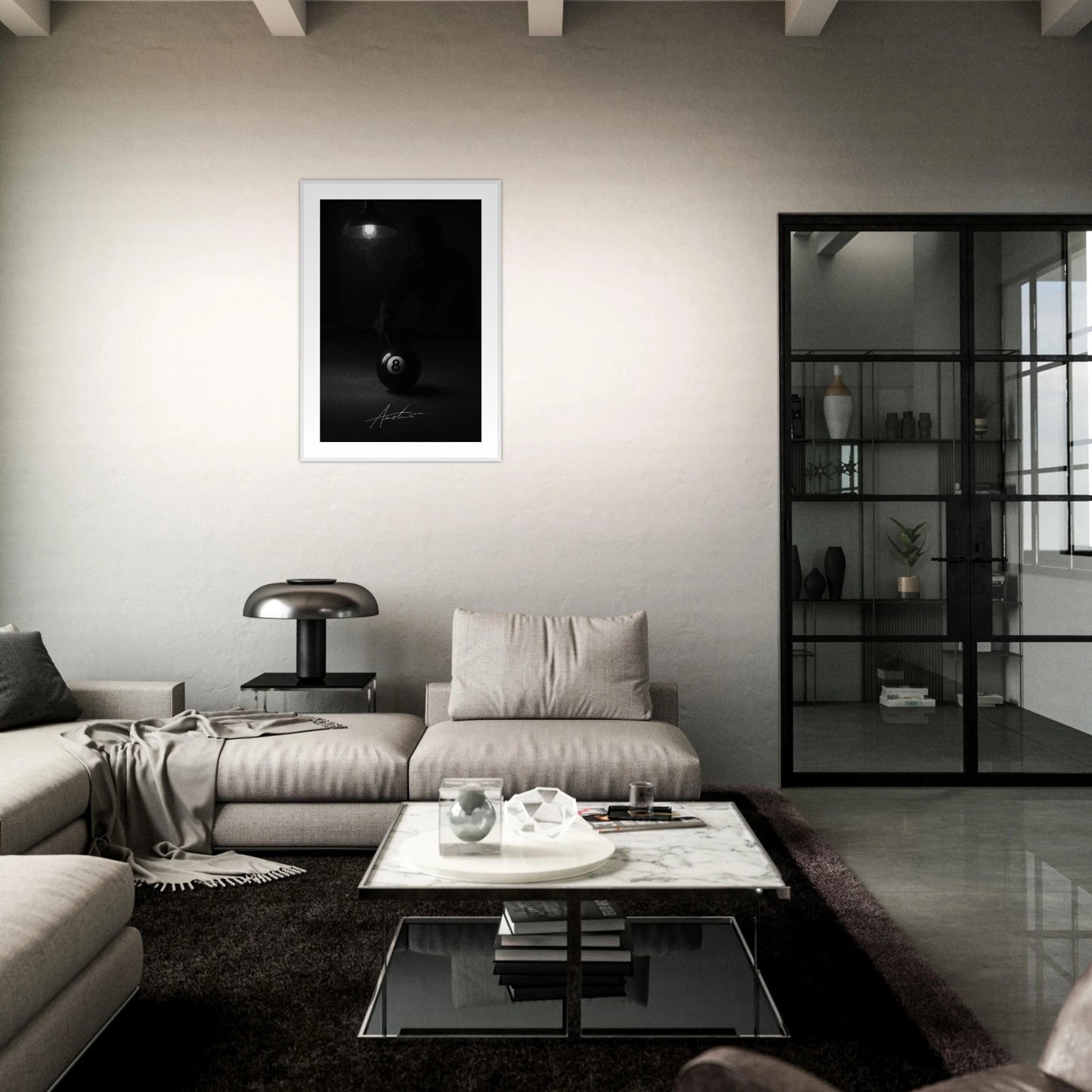 The Final Shot Poster im dunklen Wohnzimmer – atmosphärisches Schwarz-Weiß-Wandbild mit 8-Ball-Kugel unter Licht, ideal für Spielzimmer oder Loft-Design – von Defa Designs.