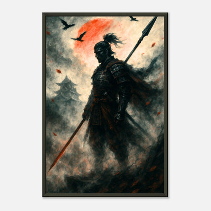 The Silent Warrior Samurai Kunst als Wandbild mit schwarzem Metallrahmen, mystisches Kriegerdesign mit roter Sonne