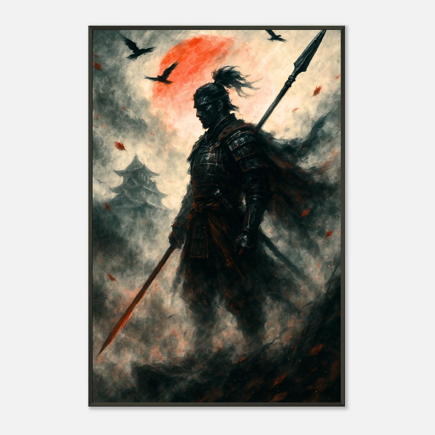 The Silent Warrior Samurai Wandbild in dunklem modernen Interior, schwarzer Metallrahmen mit kraftvoller Atmosphäre