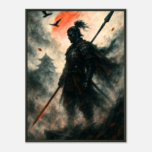 The Silent Warrior Samurai Wandbild mit schwarzem Metallrahmen, episches japanisches Krieger Kunstwerk in dramatischer Herbststimmung