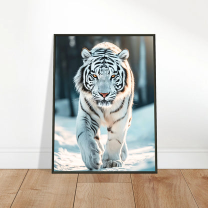 The White Tiger Poster an die Wand gelehnt – kraftvoller weißer Tiger im Schnee, edle Wandkunst mit Charakter.