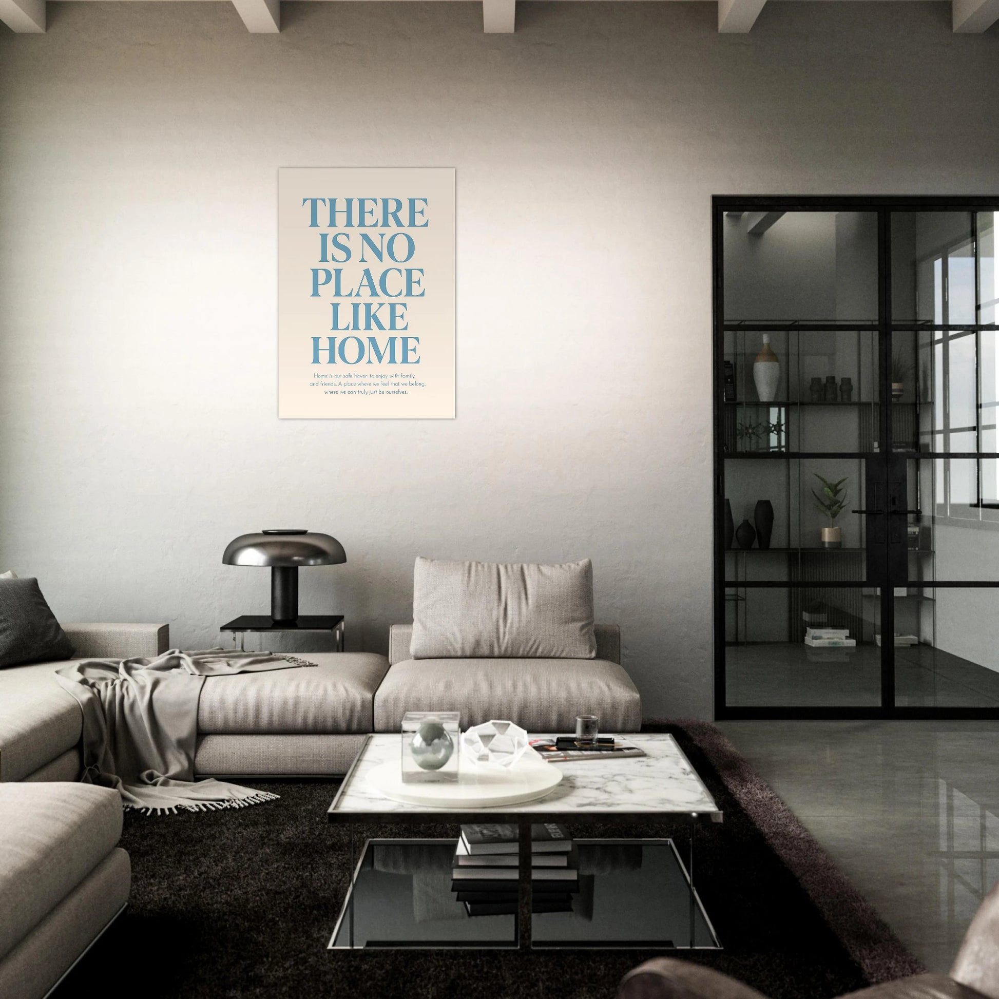 There Is No Place Like Home poster – motivational wall decor in stylish modern living room setting