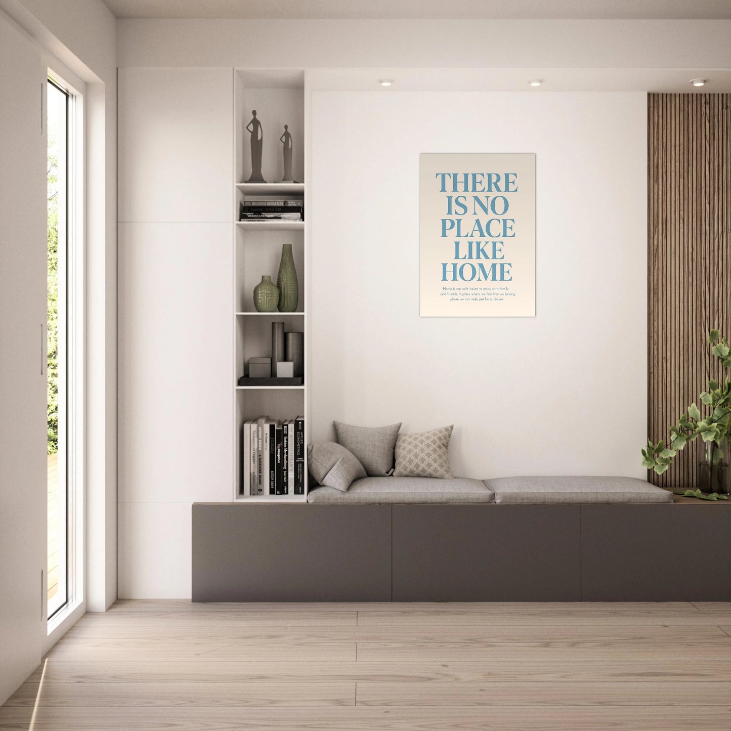 There Is No Place Like Home wall art – inspirational quote poster in bright modern living room interior