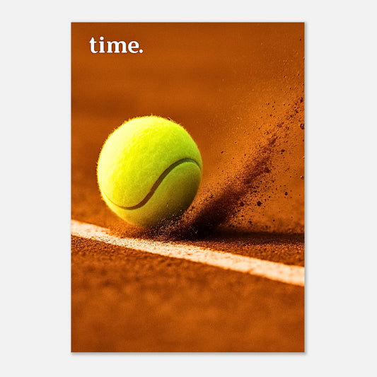 Tennis art print “Time” with yellow ball on clay court – premium sports wall decor for players, fans, and collectors.