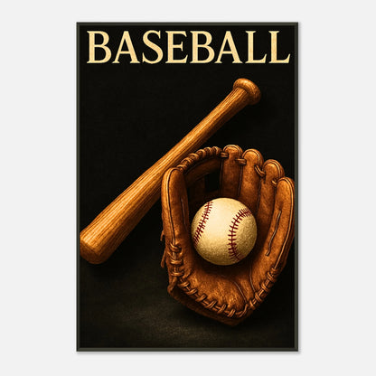 Baseball-Poster „Timeless Tradition“ im schwarzen Metallrahmen – stilvolles Sportmotiv mit ikonischem Schläger & Ball | DEFA Designs